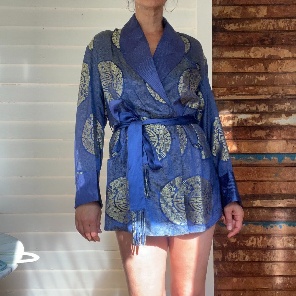 Vintage Electric Blue Short Chinese Kimono / Robe